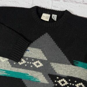 Vintage Sostanza Black Geometric Print Sweater Shetland Wool Unisex Size Large